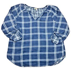 Hester & Orchard Women’s V-Neck Blue Plaid Blouse - XL Boho Style 100% Cotton